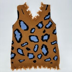 Women’s Animal Print Flintstone Funky Fringe Sweater Vest Brown Blue Medium